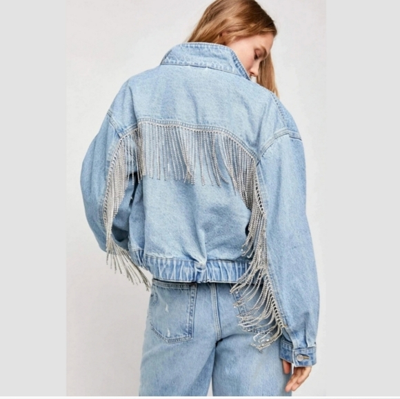 Free People Rhinestone Denim Bomber Jacket - Picture 10 of 15